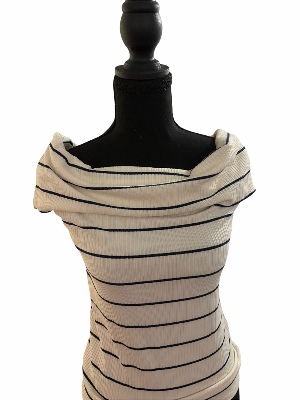 a new day Cream and Black Striped Off-Shoulder Ribbed Sweater